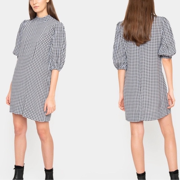 NWT GANNI gingham print high neck dress in Brunnera Blue - Picture 4 of 5